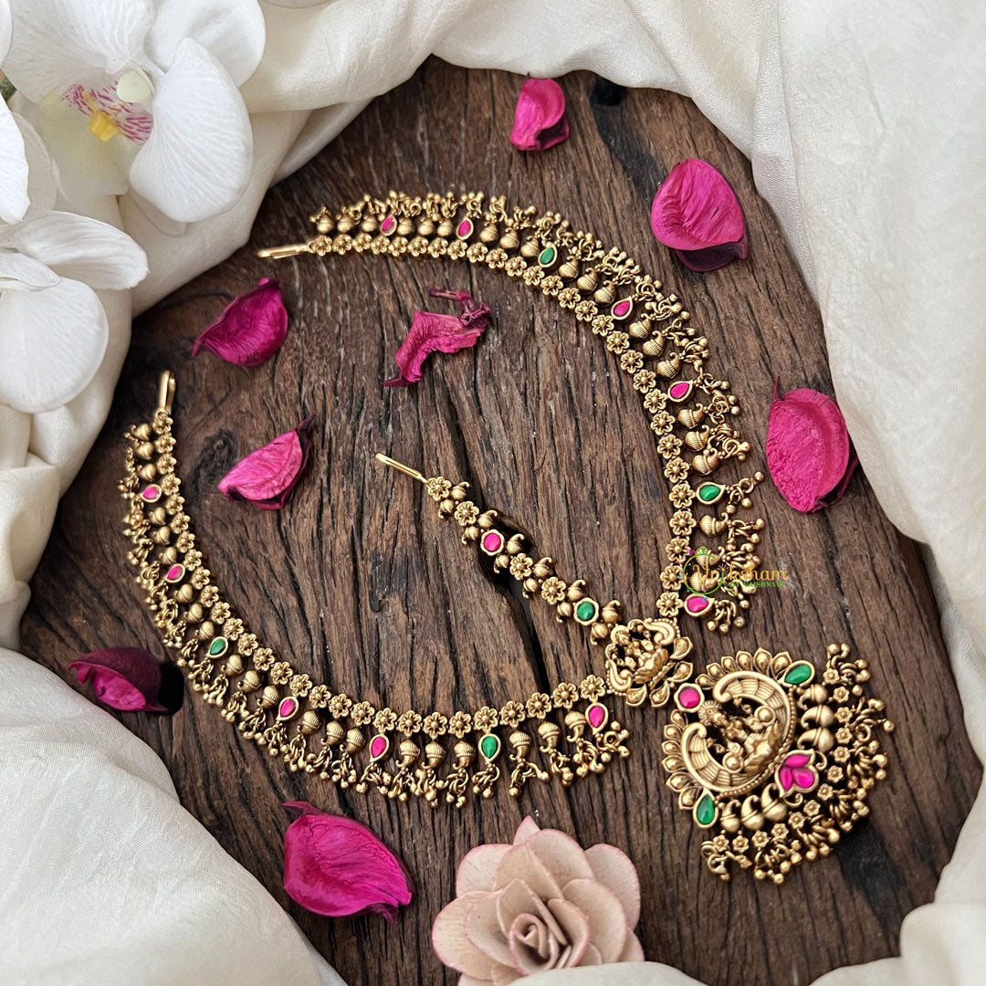 Vriksham Gold Look Alike Lakshmi Floral Double Side Maang Tikka-Red Green-Gold Bead-G19499
