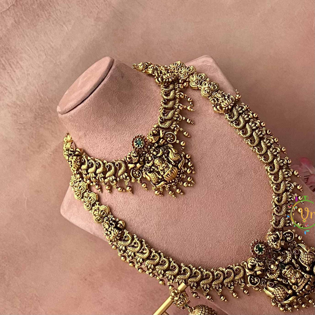 Vriksham Premium Lakshmi & Peacock Motif Temple Bridal Set-Gold Bead-G21051