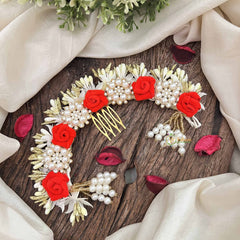 Vriksham Artificial Red Rose & Pearl Floral Hair Gajra Flower Accessories-H1205