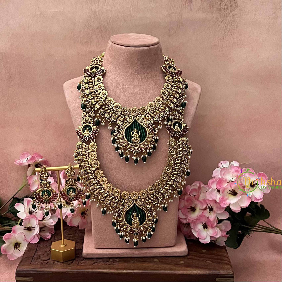 Vriksham Antique Gold Peacock Floral Naskhi With Lakshmi Bridal Set-Green Bead-Pearl-G21052
