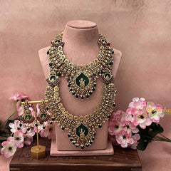 Vriksham Antique Gold Peacock Floral Naskhi With Lakshmi Bridal Set-Green Bead-Pearl-G21052