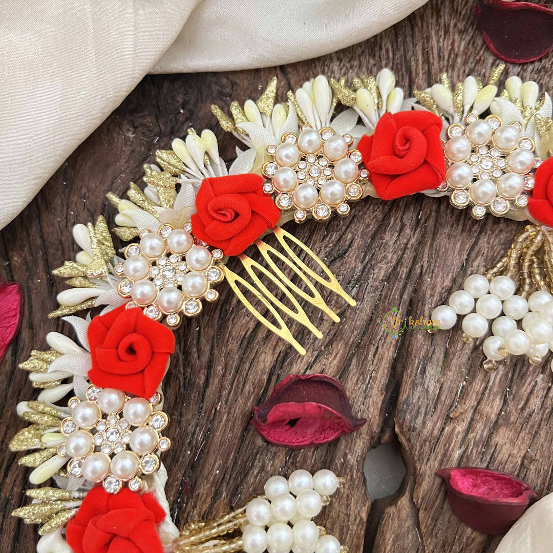 Vriksham Artificial Red Rose & Pearl Floral Hair Gajra Flower Accessories-H1205