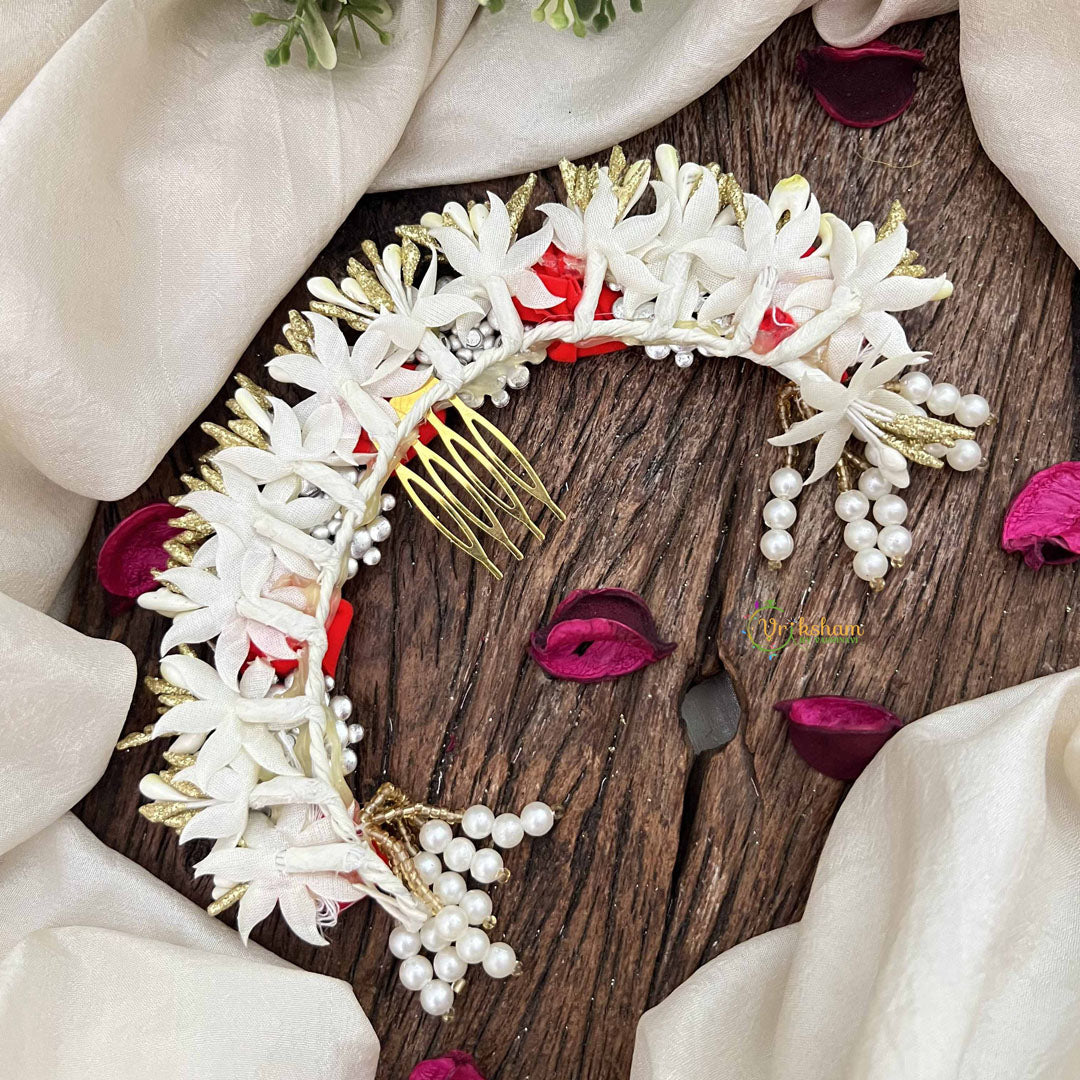 Vriksham Artificial Red Rose & Pearl Floral Hair Gajra Flower Accessories-H1205