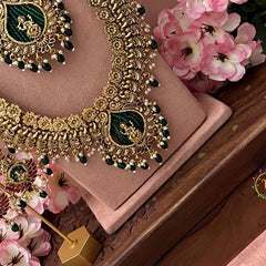 Vriksham Antique Gold Peacock Floral Naskhi With Lakshmi Bridal Set-Green Bead-Pearl-G21052
