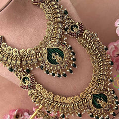 Vriksham Antique Gold Peacock Floral Naskhi With Lakshmi Bridal Set-Green Bead-Pearl-G21052