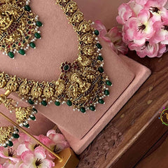 Vriksham Unique Minakari Work Lakshmi Bridal Set-Green Bead-Pearl-G21053