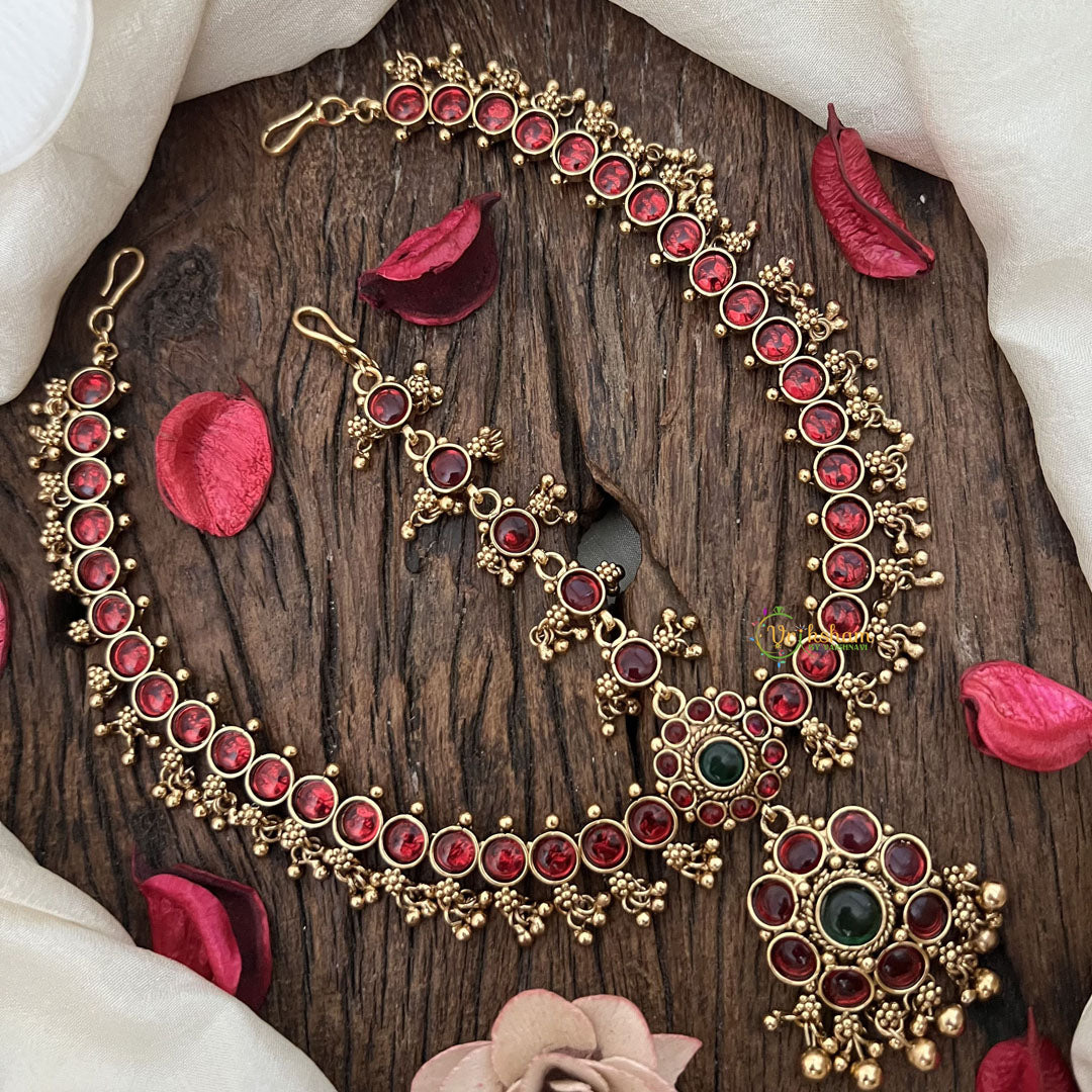 Vriksham Elegant Stone Floral Style Double side Maang Tikka-Red Green-Gold Bead-G19506
