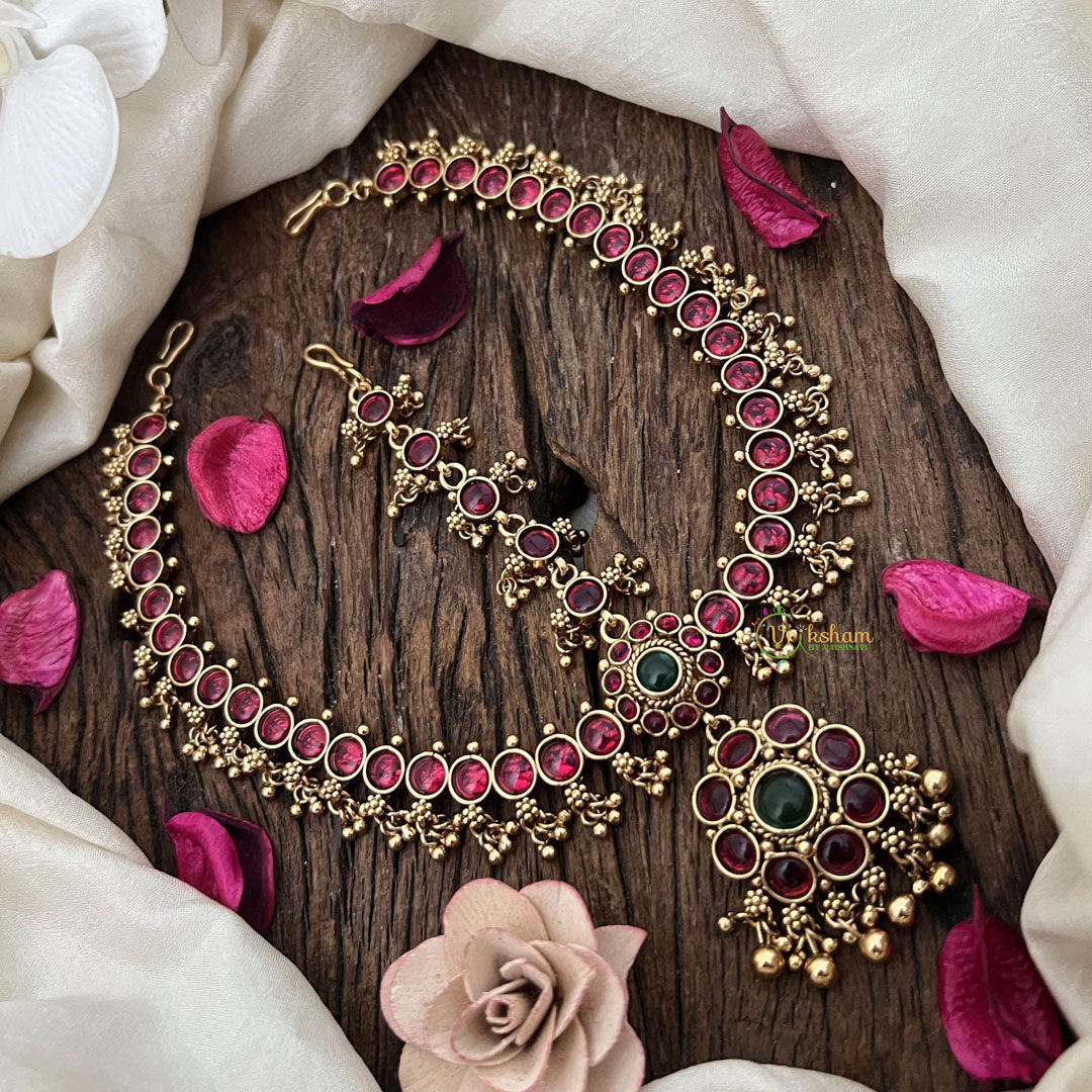 Vriksham Elegant Stone Floral Style Double side Maang Tikka-Red Green-Gold Bead-G19506