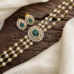 Trendy Pearl Layered Green AD Stone Choker-Oval-G15170