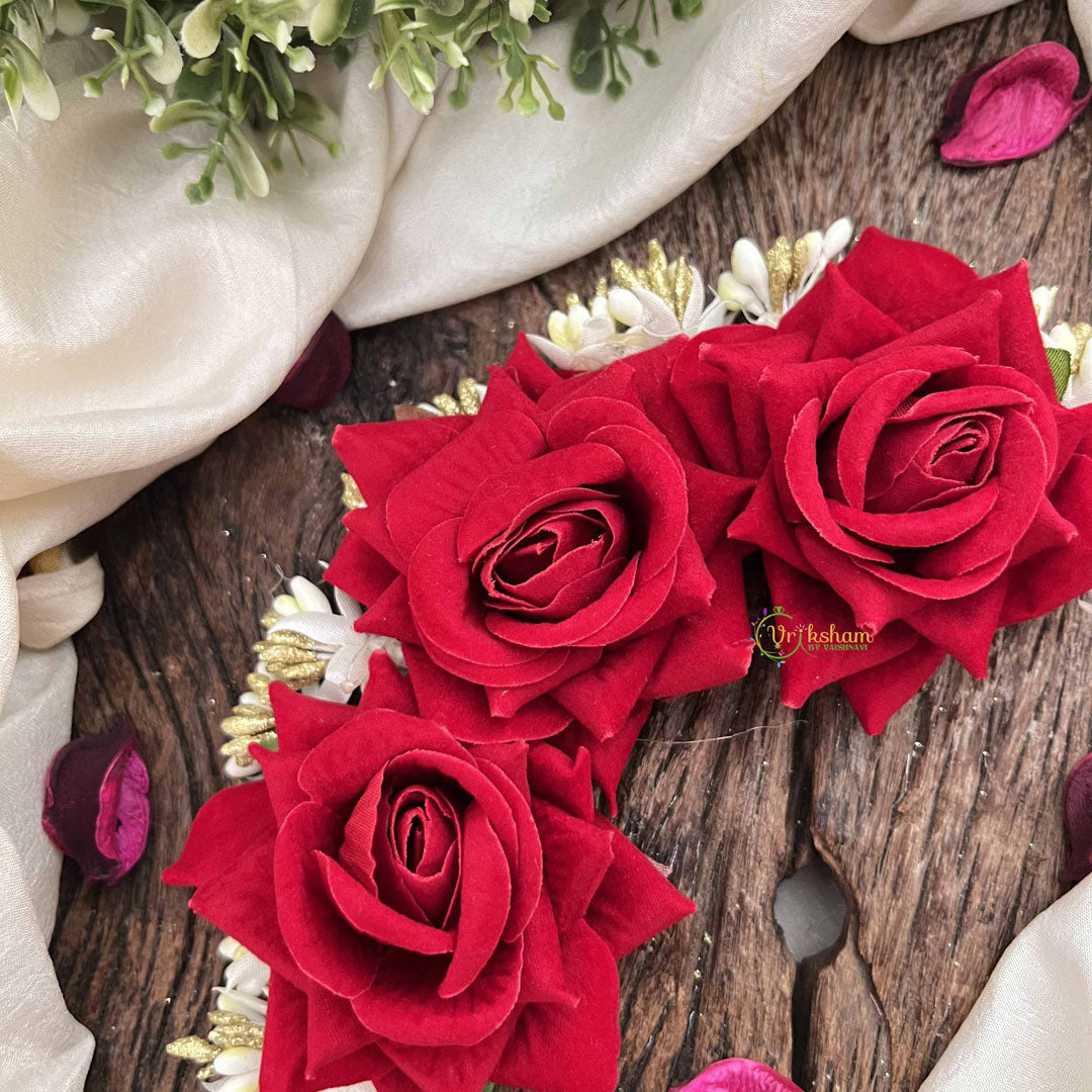 Vriksham Artificial 3 Maroon Rose With White Buds Accent Hair Bun Flower Accessories-H1199