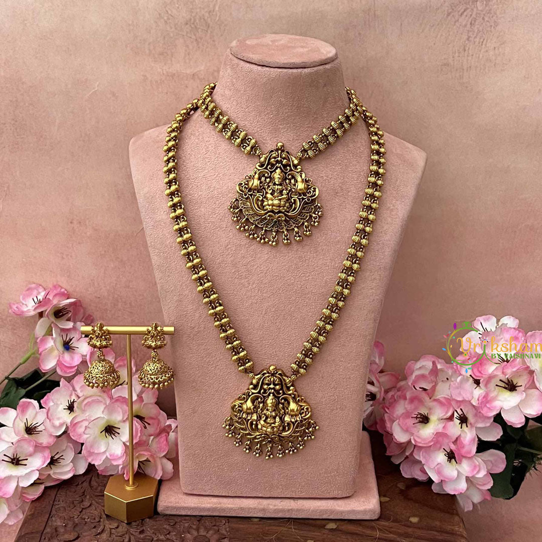Vriksham Gold Plated Traditional Lakshmi Nagas Temple Pendant Bridal Set-Gold Bead-G21060
