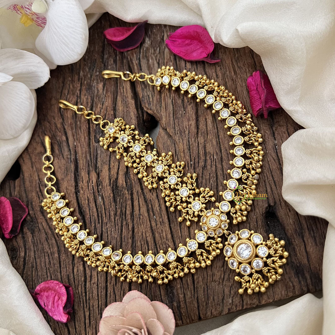Vriksham Elegant White Stone Floral Style Double Side Maang Tikka-Gold Bead-G19505