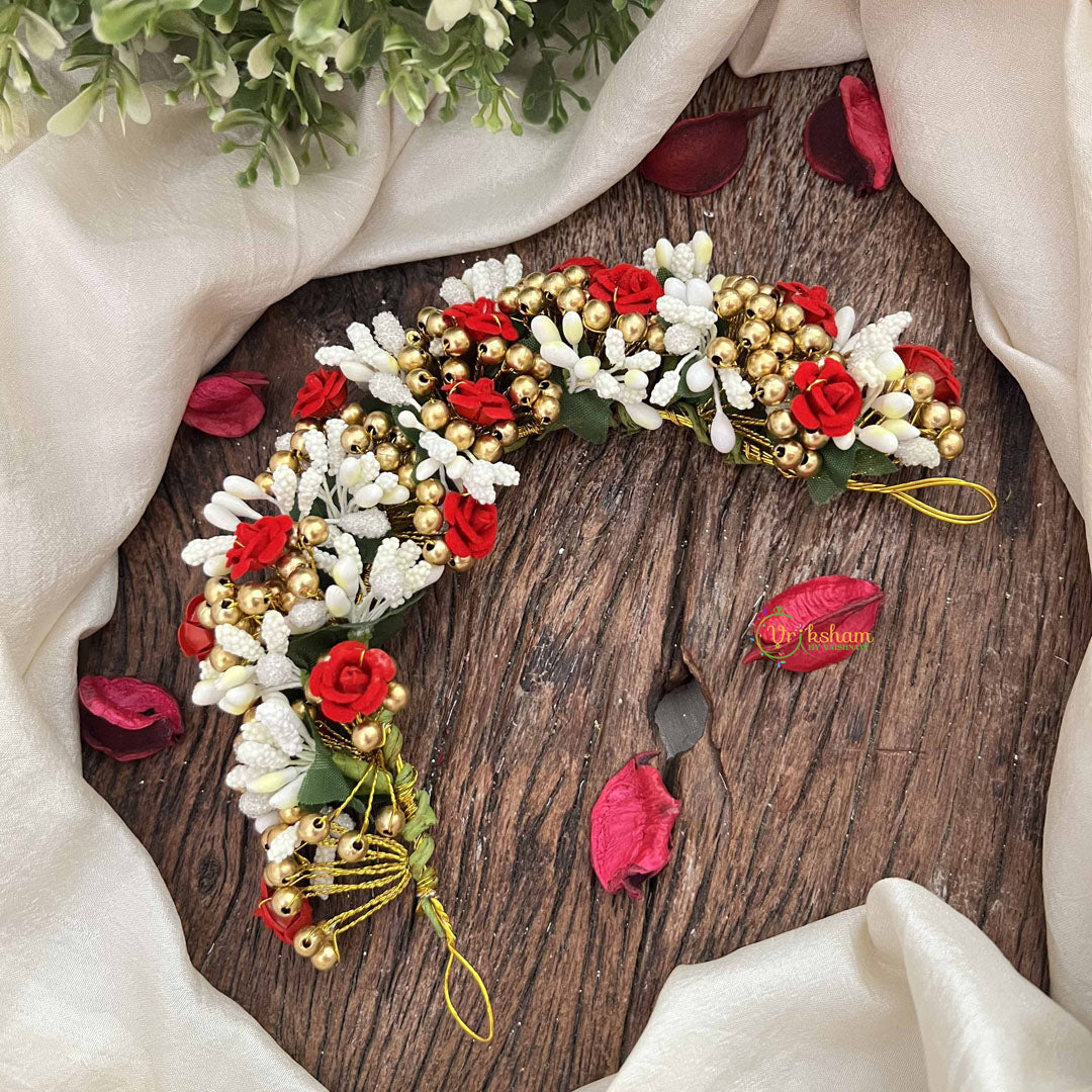 Vriksham Elegant Rose & Crystal Bun Garland Hair Gajra With Golden Touch Flower Accessories-H1203