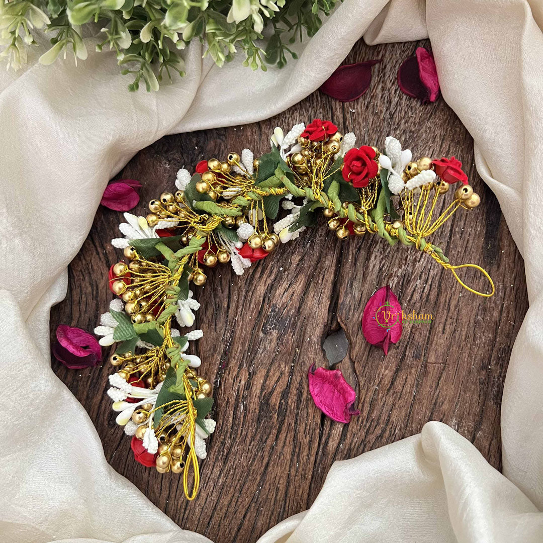 Vriksham Elegant Rose & Crystal Bun Garland Hair Gajra With Golden Touch Flower Accessories-H1203