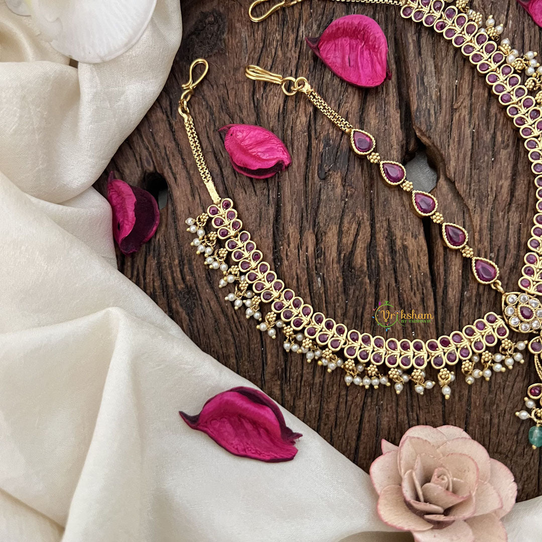 Vriksham Designer Half Moon Style Floral Double Side Maang Tikka-Red White-Green Bead-G19510