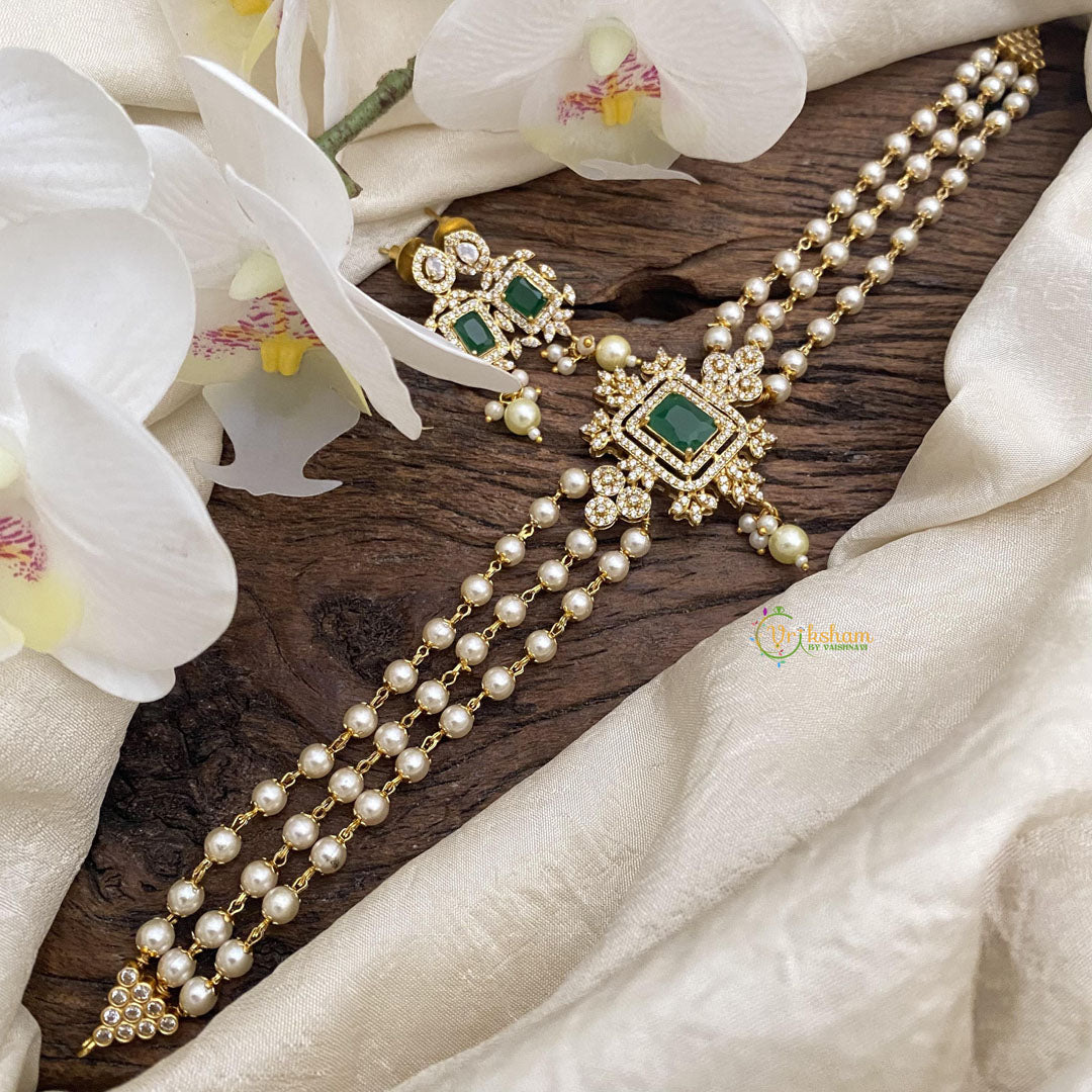 Stylish Pearl Layered AD Stone Choker-Green-G15176 – vrikshamindia