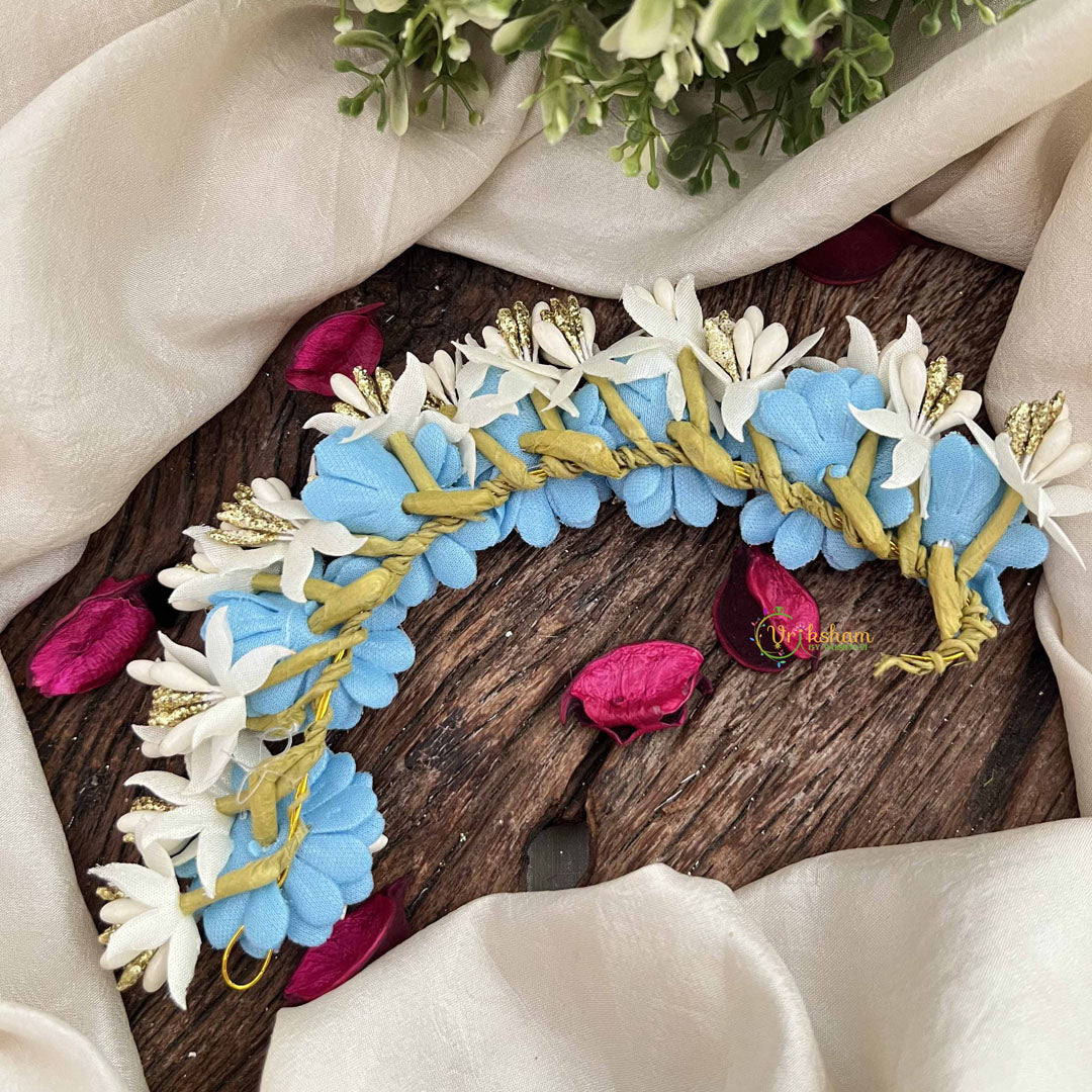 Vriksham Aqua Blue With White Floral Crystal Style Golden Buds Gajra Flower Accessories-H1217