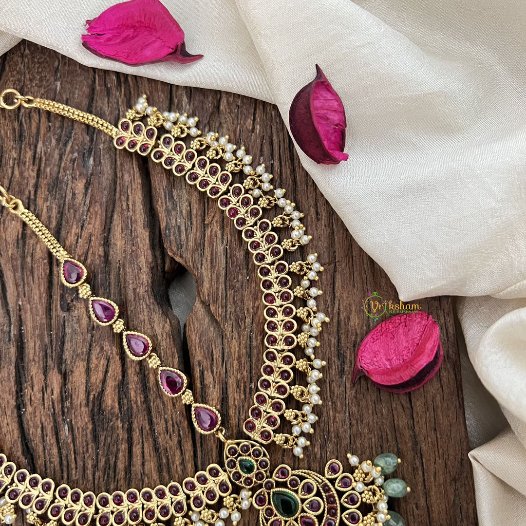 Vriksham Designer Half Moon Style Floral Double Side Maang Tikka-Red-Green Bead-G19509