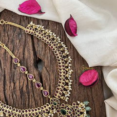 Vriksham Designer Half Moon Style Floral Double Side Maang Tikka-Red-Green Bead-G19509
