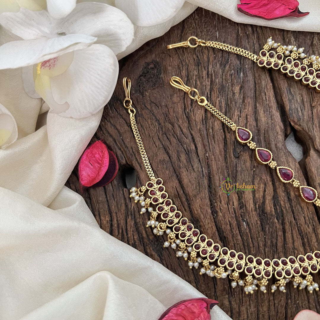 Vriksham Designer Half Moon Style Floral Double Side Maang Tikka-Red-Green Bead-G19509
