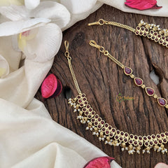 Vriksham Designer Half Moon Style Floral Double Side Maang Tikka-Red-Green Bead-G19509