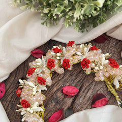 Vriksham Crystal beaded Red Rose Hair Gajra With Golden Touch Flower Accessories-H1202