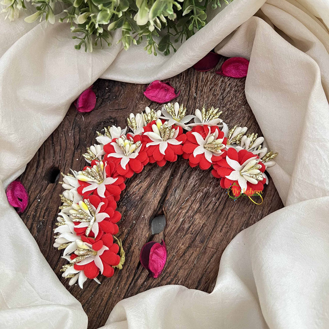 Vriksham Red With White Floral Crystal Style Golden Buds Gajra Flower Accessories-H1214