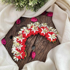 Vriksham Red With White Floral Crystal Style Golden Buds Gajra Flower Accessories-H1214