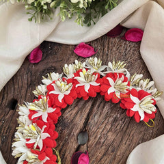 Vriksham Red With White Floral Crystal Style Golden Buds Gajra Flower Accessories-H1214