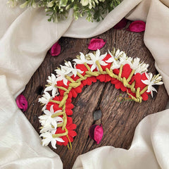 Vriksham Red With White Floral Crystal Style Golden Buds Gajra Flower Accessories-H1214