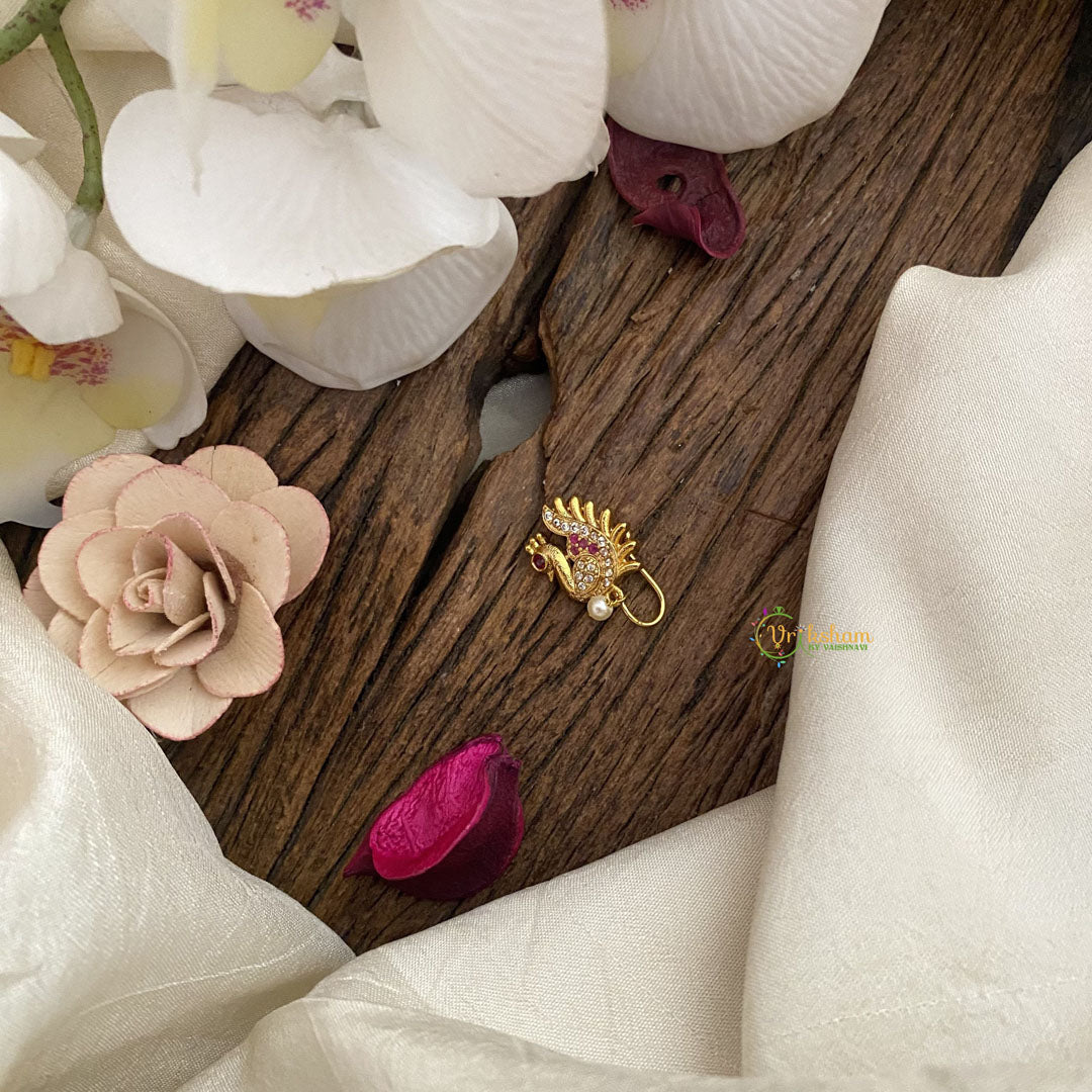 Vriksham Elegant Peacock AD Stone Nath/Nose pin-Pearl-White Red-G17355