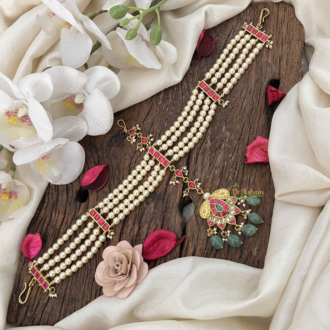 Vriksham Designer Lotus & Pearl Matha Patti with Kundan Jadau Drop Double Side Maang Tikka-J3475