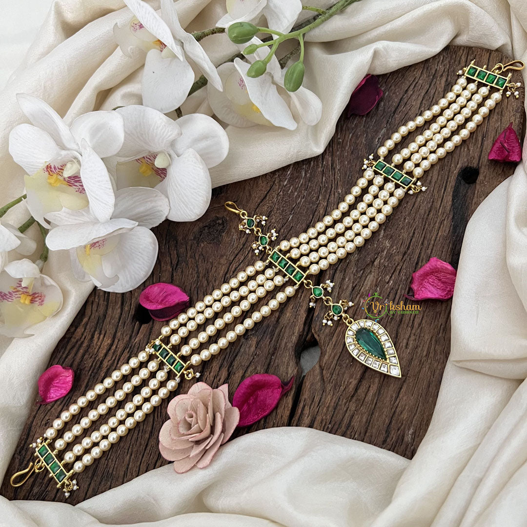 Vriksham Royal Green & Pearl Matha Patti with Kundan Jadau Drop Double Side Maang Tikka-J3474