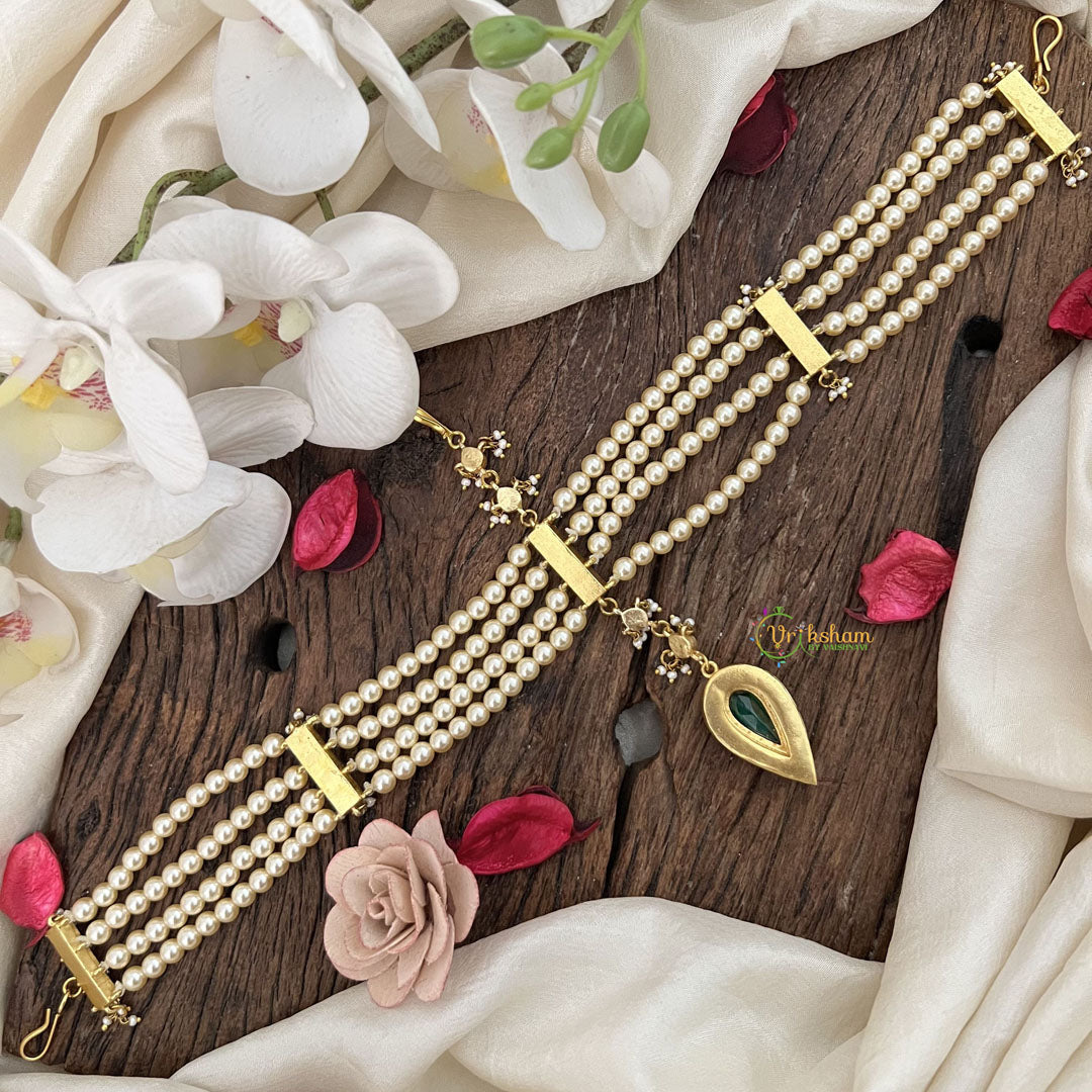 Vriksham Royal Green & Pearl Matha Patti with Kundan Jadau Drop Double Side Maang Tikka-J3474