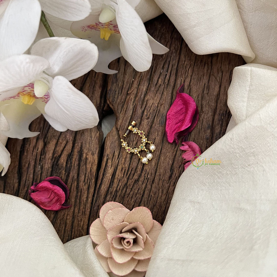 Vriksham Seven Flower Style Naths/Nose pin-Red White & Green-Pearl-G18726