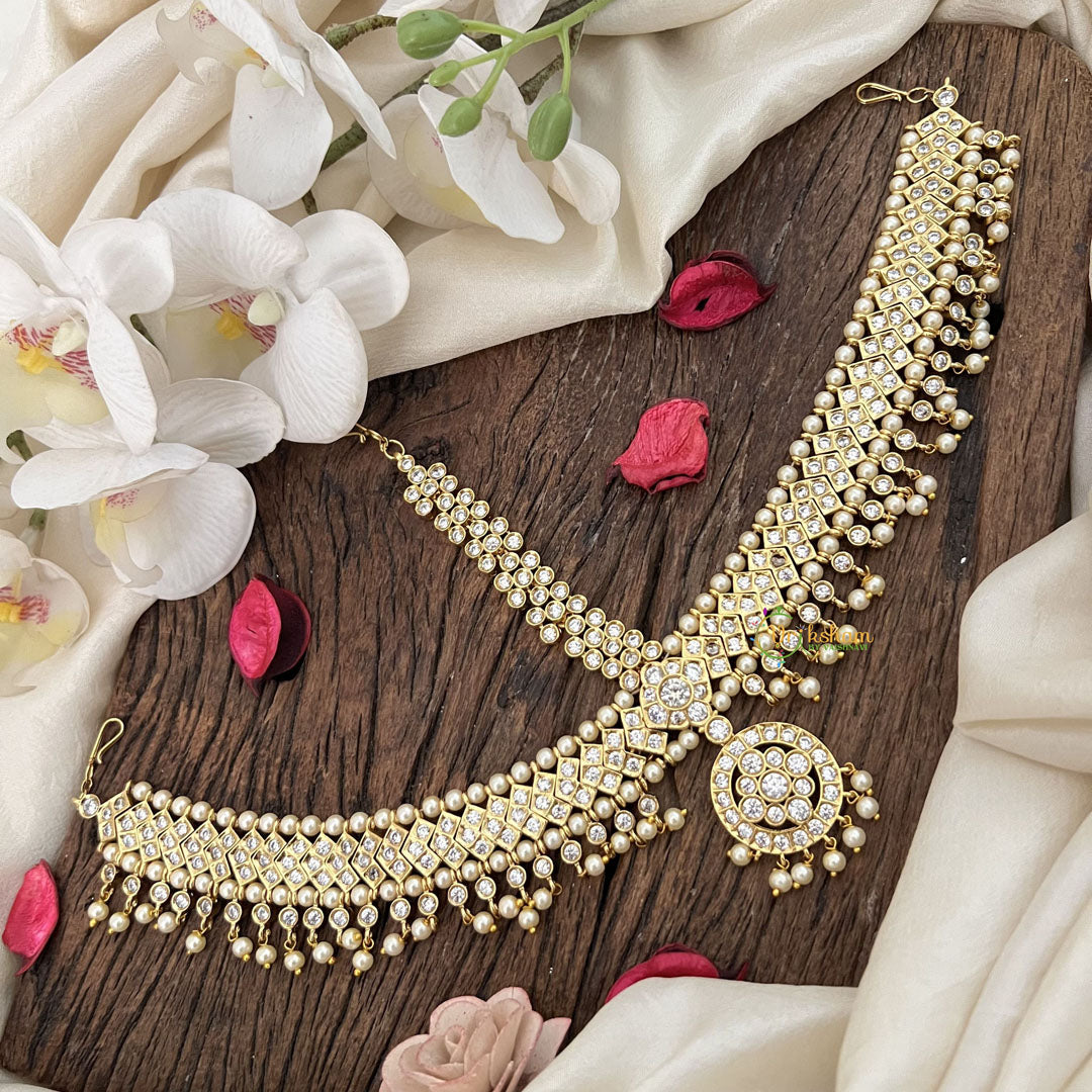 Vriksham Designer Bridal Floral Style Double Side Maang Tikka-White-Pearl-G19512