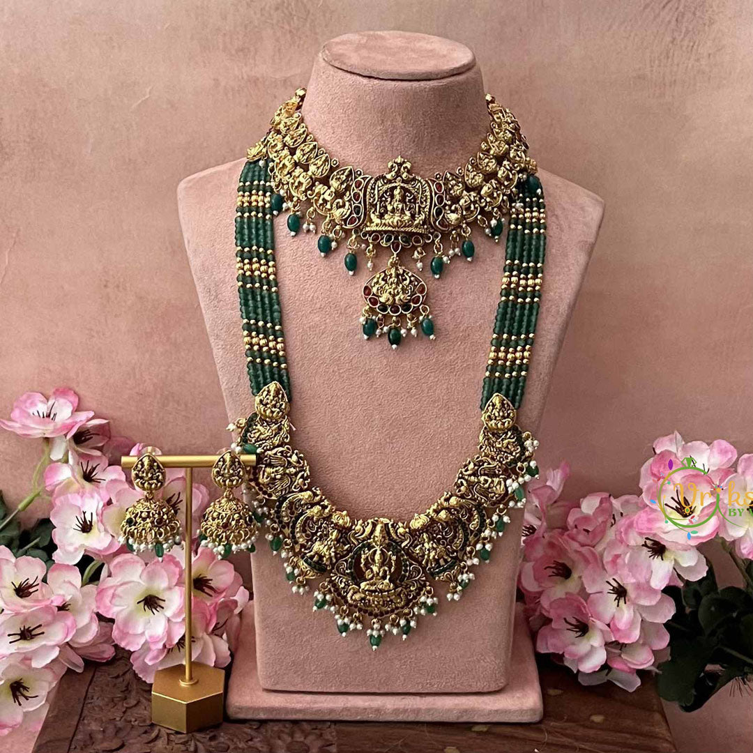 Vriksham Elegant Peacock Nakshi With Lakshmi Pendant Pearls Detailing Bridal Set-G21079