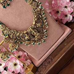 Vriksham Elegant Peacock Nakshi With Lakshmi Pendant Pearls Detailing Bridal Set-G21079