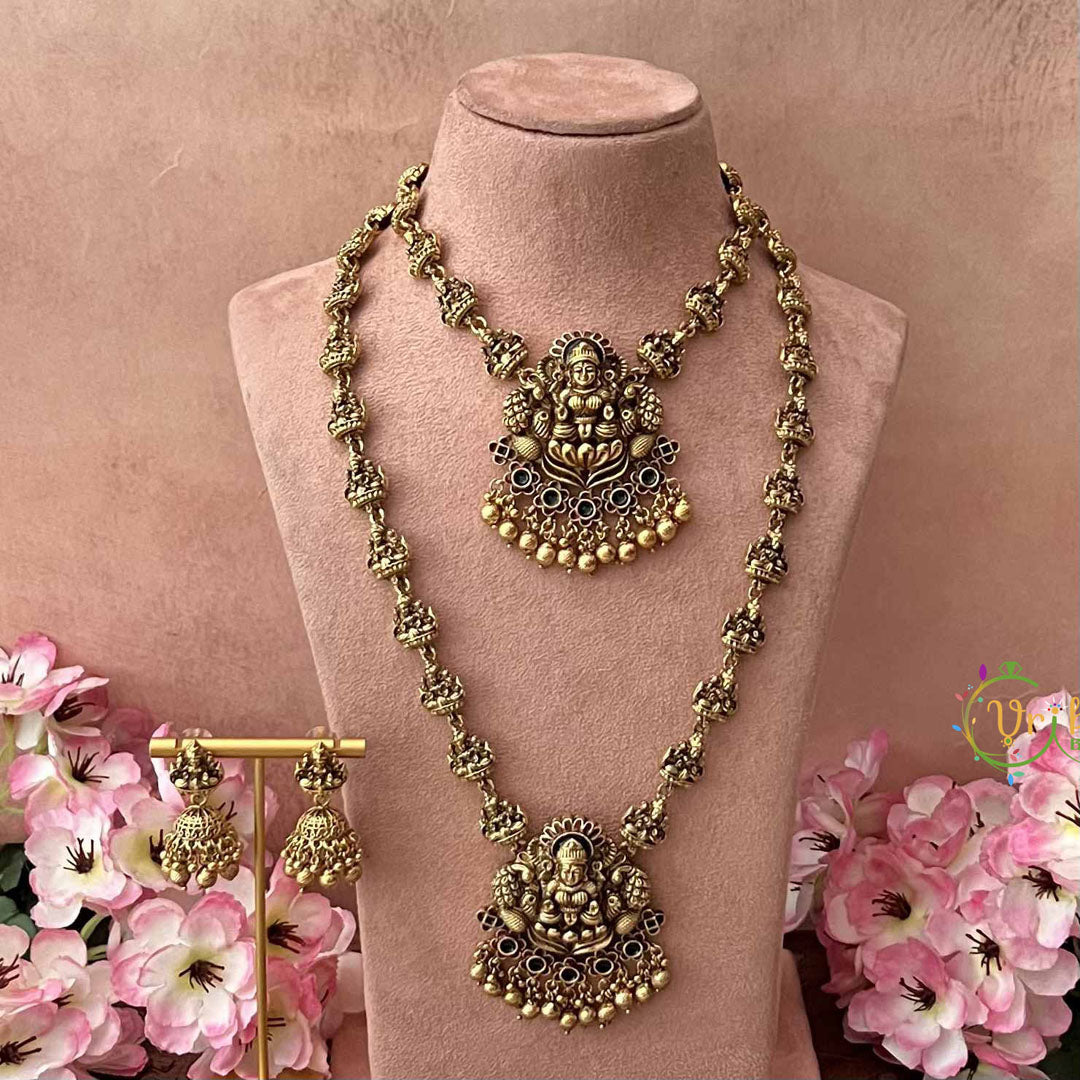 Vriksham  Elegant Lakshmi  Idol With Lakshmi Pendant Bridal Set-Red Green-Gold Bead-G21059