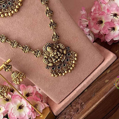 Vriksham  Elegant Lakshmi  Idol With Lakshmi Pendant Bridal Set-Red Green-Gold Bead-G21059