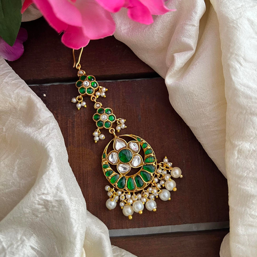 Premium Green Jadau Kundan Maang Tikka-Pearl-J2338