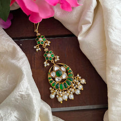 Premium Green Jadau Kundan Maang Tikka-Pearl-J2338