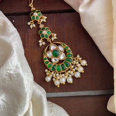 Premium Green Jadau Kundan Maang Tikka-Pearl-J2338