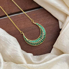 Fancy Jadau Kundan Half Moon Pendant Chain-Green-J2271