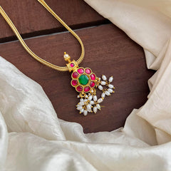 Elegant Jadau Kundan Flower Pendant Chain-Rice Pearl-J2229