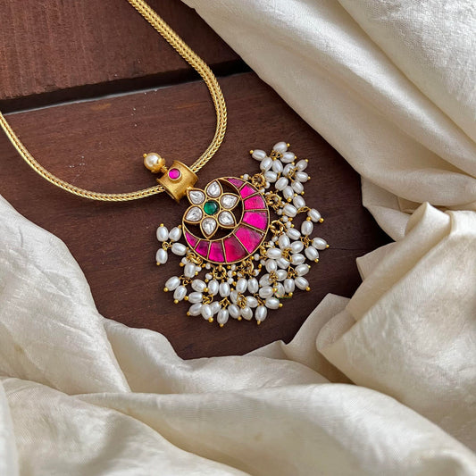 Stylish Jadau Kundan Floral Pendant Chain-Rice Pearl-J2233