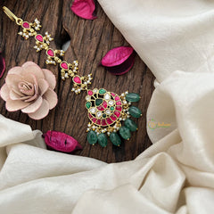 Vriksham Half Moon With Peacock Kundan Jadau Maang Tikka-Green Bead-J3478