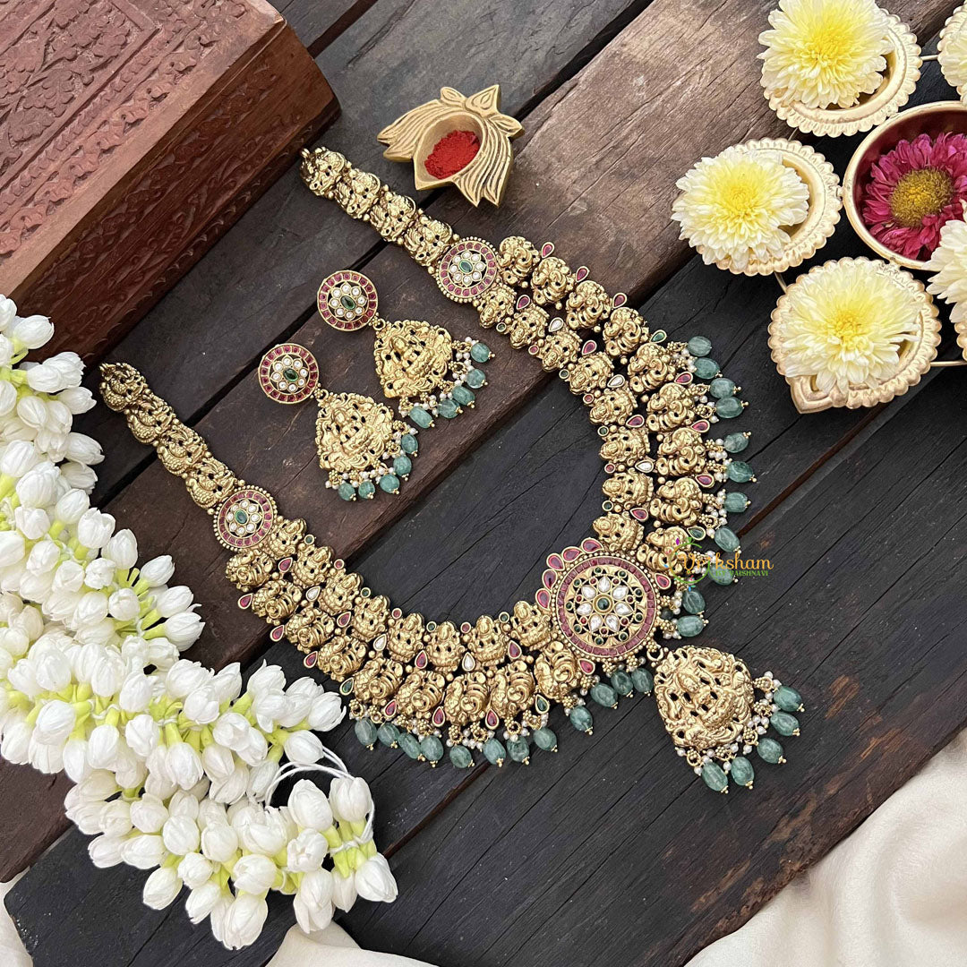 Vriksham Classic Peacock & Lakshmi Pendant Long Neck[piece-Red White & Green-Green Bead-G21087