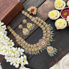 Vriksham Classic Peacock & Lakshmi Pendant Long Neck[piece-Red White & Green-Green Bead-G21087