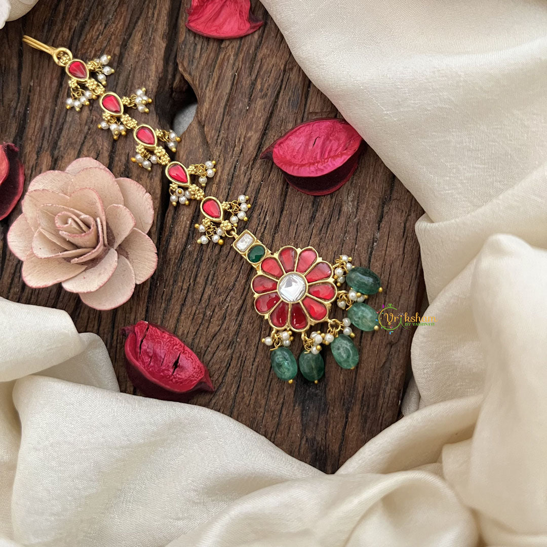 Vriksham Elegant Pink & Green Kundan Jadau Maang Tikka-Green Bead-J3477
